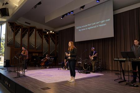 Students lead music in chapel. - Photo by Cade Smith