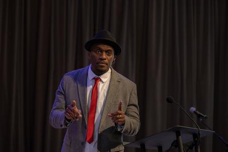 Dhati Lewis, lead teaching pastor from Blueprint Church in Atlanta, spoke in Union University's chapel service. - Photo by Cade Smith
