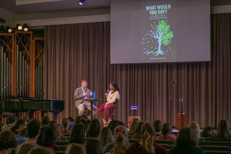Joe Ball, director for discipleship and ministry at Union, and Katrina Bazzoli, women's resident director, speak at Union University chapel services. - Photo by Faith Orr