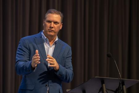 Derek Westmoreland, senior pastor of Millington First Baptist Church, spoke during a chapel service. - Photo by Abigail Aspinwall