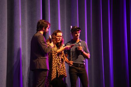 Caleb Atkins, Kat Pinkston, and Jon Clemmons perform with Blank Slate Improv at Variety Show 2022. - Photo by Suzanne Rhodes