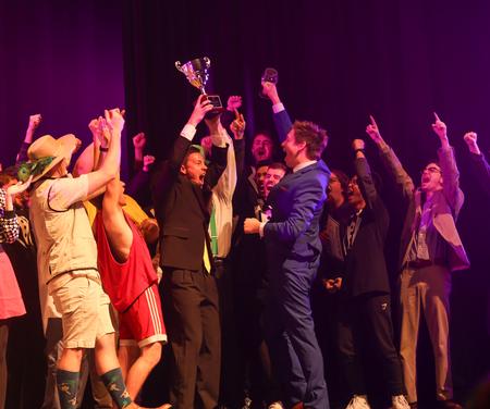 Alpha Tau Omega celebrates as they win Best Small Group performance at Variety Show 2022. - Photo by Suzanne Rhodes
