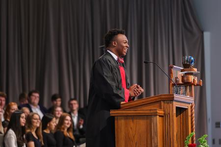 Steve Williams, senior class president, speaks during the annual convocation chapel service. - Photo by Suzanne Rhodes