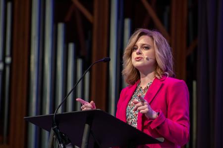 Katie McCoy, Union alumna and director for women’s ministry for Texas Baptists, speaks during a chapel service. - Photo by Lyla Dietz