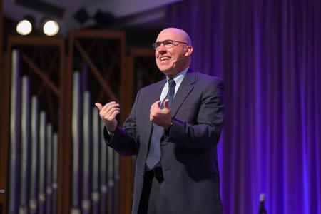 Bart Barber, president of the Southern Baptist Convention and pastor of First Baptist Church in Farmersville, Texas, speaks in a chapel service. - Photo by Eli Creasy