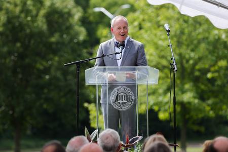 President Dub Oliver speaks during the groundbreaking ceremony where Union broke ground on a 40,000-square-foot academic building on the Great Lawn that will house the McAfee School of Business and the departments of computer science and engineering. - Photo by Suzanne Rhodes