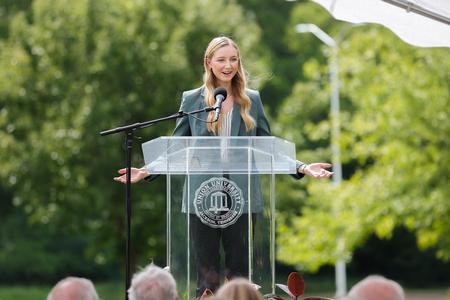 Danielle Popson, economics major, speaks during Union's groundbreaking ceremony to begin construction on a 40,000-square-foot academic building that will house the McAfee School of Business and the departments of computer science and engineering. - Photo by Suzanne Rhodes