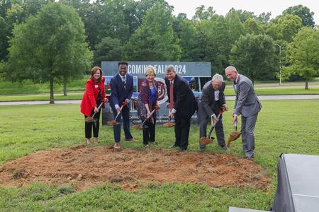 Union trustees, students, alumni and presidents help break ground on a 40,000-square-foot academic building on the Great Lawn that will house the McAfee School of Business and the departments of computer science and engineering. - Photo by Suzanne Rhodes