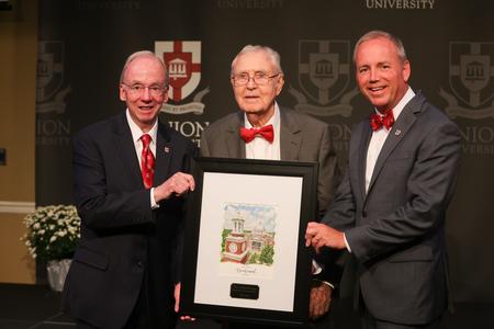 Union University’s three most recent presidents — Hyran Barefoot, David Dockery and Samuel W. “Dub” Oliver — join together to celebrate Union's bicentennial kick-off celebration. - Photo by Suzanne Rhodes