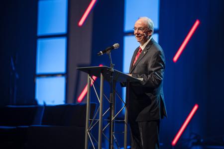 Union's 15th president, David S. Dockery, welcomes guests to Union's bicentennial celebration program with the invocation. - Photo by Kristi McMurry Woody