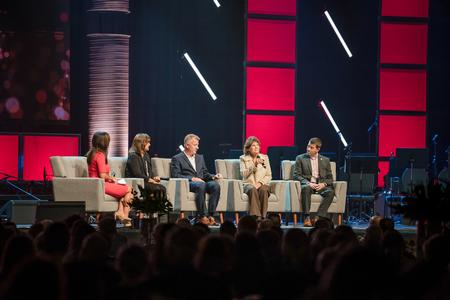 Union trustees, who are also alumni, discuss their UU experience and transformation during Union's bicentennial celebration program. From left to right: Keli McAlister ('96), emcee; Robyn Hari ('86); Rod Parker ('88); Lisa Rogers ('83); and Chad Wilson ('01). - Photo by Kristi McMurry Woody