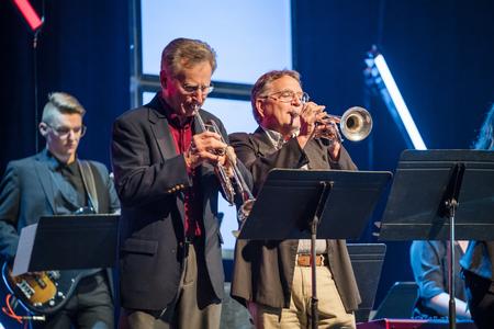 Union students, faculty and alumni gather together for a special jazz band reunion performance during Union's bicentennial celebration program. - Photo by Kristi McMurry Woody