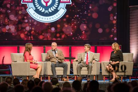 Former and current Union administration discuss their UU experiences during Union's bicentennial celebration program. From left to right: Keli McAlister ('96), emcee; Todd Brady ('92); Howard Newell; and Carla Sanderson ('81). - Photo by Kristi McMurry Woody