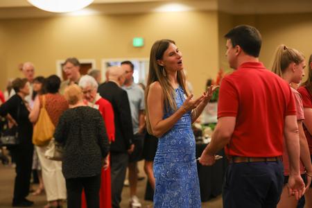 Alums Laura Lee Ellis and Joshua Dougan, current trustee,  catch up at the Faculty and Staff Reception during Union's bicentennial kick-off celebration. - Photo by Suzanne Rhodes