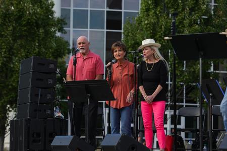 Alumni Don Wylie, Teresa Clark Wood, and Bonnie Boohaker provide back-up vocals for the Stage Band Reunion Performance during Union's bicentennial kick-off celebration. - Photo by Suzanne Rhodes