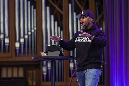 William "Duce" Branch spoke during a chapel service, as part of the Stand For Life campus tour. - Photo by Eli Creasy