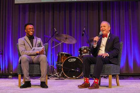 President Dub Oliver and Steve Williams, current Union student and former SGA president, speak during a special bicentennial Founders Day chapel service, featuring interviews with each living Union president. - Photo by Suzanne Rhodes