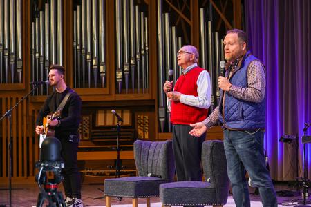 Three generations of Union alumni — Wayne ('81), Jeff ('89) and Brett Perkins ('12) — led the audience in worship during the bicentennial Founders Day chapel service. - Photo by Suzanne Rhodes