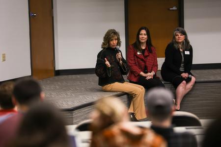 Karen Miller (left), interim dean and director of accounting, speaks to students during the McAfee School of Business' first Data Summit. April Rowsey (center) and Frances Lancaster (right) were also on the panel. - Photo by Suzanne Rhodes