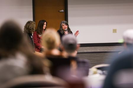 Frances Lancaster, Union's business analyst, speaks to students during the McAfee School of Business' first Data Summit. Karen Miller and April Rowsey also served on the panel. - Photo by Suzanne Rhodes