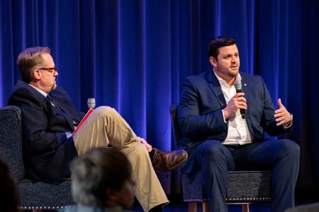Union Alumnus AJ Massey, Madison County Mayor, and Hunter Baker, dean for the College of Arts and Sciences, host a special chapel service about faith and workplace integration. - Photo by Lyla Dietz