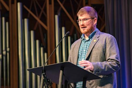 Joe Ball, Director for Discipleship and Ministry, speaks in a Word Series chapel from Mark 1:14-3:6. - Photo by Lyla Dietz