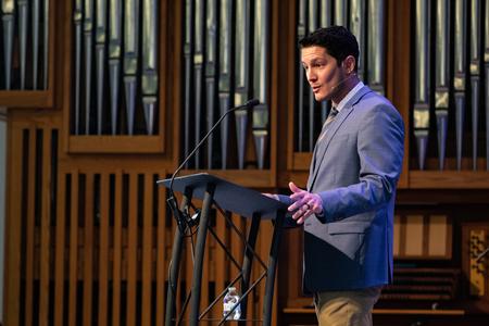 Matthew Albanese, assistant professor of biblical studies, speaks in a Word Series chapel from Mark 11:1-13:37. - Photo by Lyla Dietz