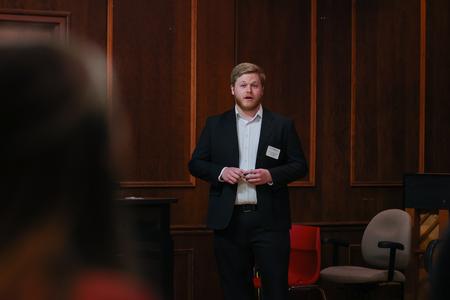 Engineering major Nathan Cole presents with Samuel Eudy and Parker Rice on "Designing a Prolink Quality Testing Device" during the 2023 UUSS. - Photo by Eli Creasy