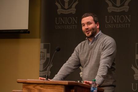 Union Alumnus Graham Hillard reads from his book, Wolf Intervals: Poems, at a creative writing workshop hosted by the Department of English. Hillard teaches creative writing and contemporary literature and is the founding editor of the Cumberland River Review, Trevecca Nazarene University's national literary quarterly.  - Photo by Abigail Aspinwall