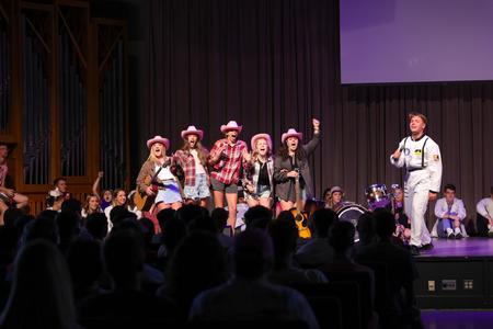 Welcome Week leaders perform during the Welcome Week Show. - Photo by Karley Hathcock