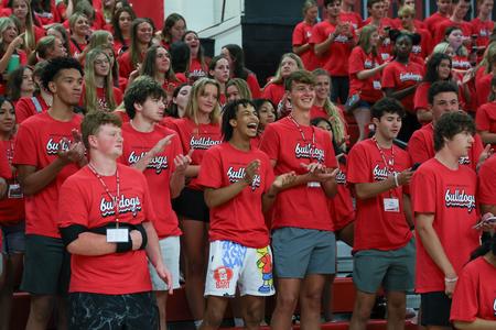 New Bulldogs cheer on their classmates at they compete in a relay race during Welcome Week. - Photo by Karley Hathcock