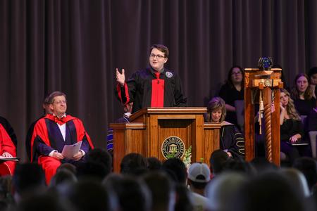 SGA Executive President Ethan Voss speaks to his fellow classmates during Fall Convocation.  - Photo by Karley Hathcock