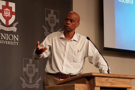 Author and sociologist George Yancey answers questions after his Jones Lecture on Christianity and racism. - Photo by Lauren Steed