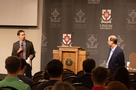 Political science faculty Seth Brake and Sean Evans led a discussion on Constitution Day about the Trump indictments and their impact on American democracy. - Photo by Abigail Aspinwall