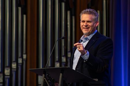 Jay Strother, campus and teaching pastor for Brentwood Baptist Church, delivers an address on faithfulness and perseverance during a chapel service. - Photo by Lyla Dietz
