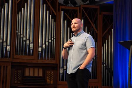 Will Watson from the Traveling Team delivers a global focus on missions during a chapel service. - Photo by Lindsey Atwood