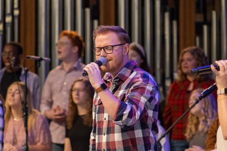 Jerron Parker leads in worship during a chapel service. - Photo by Abigail Aspinwall