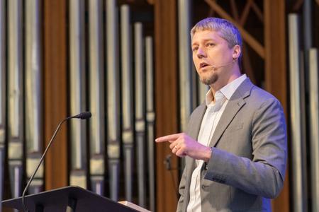 Scott Gilbert, senior pastor at First Baptist Church in  Jackson, delivers a global focus on missions during a chapel service. - Photo by Abigail Aspinwall