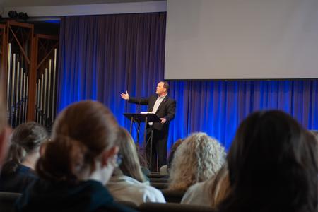 Justin Wainscott, associate dean of the School of Theology and Missions, delivers a sermon during a chapel service. - Photo by Lauren Steed