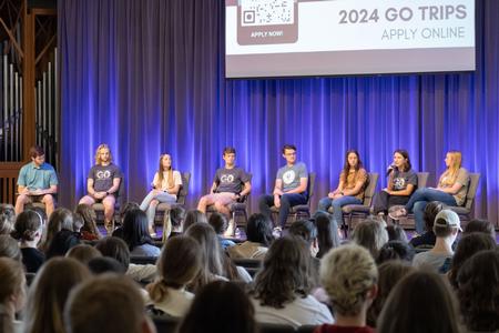 Students who served on GO Trips last year relate their experiences during a chapel service. - Photo by Abigail Aspinwall