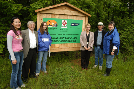 Union University and the City of Jackson's Cypress Grove Nature Park have teamed up to enhance the educational opportunities the park provides to the local community. Pictured shortly after the partnership ribbon cutting are Senior Eunice Sung, Hammons Center Director James Huggins, Senior Brooke Fowler and City of Jackson representatives Sandy MacDiramid, Tillman Corum, & Sylvia Pinson. - Photo by Morris Abernathy