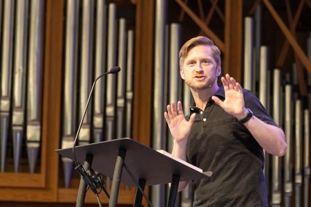 Timothy O’Day, pastor of Christ Fellowship Church in American Fork, Utah, delivers a global focus on missions during a chapel service.  - Photo by Abigail Aspinwall