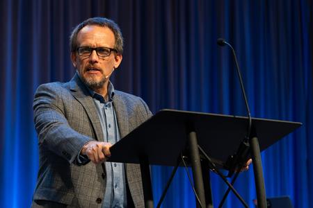 Phil Barnes, pastor of missions and equipping at Grace Church, Waco, Texas, delivers a global focus address during a chapel service. - Photo by Lauren Steed