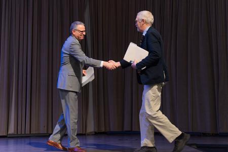 10/16/23 - Keith Bates, chair of the Department of History, welcomes Alan Taylor, Thomas Jefferson memorial foundation professor of history at the University of Virginia, to the stage for his evening address in the 2023 Carls-Schwerdfeger History Lecture. - Lauren Steed