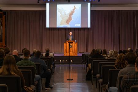 Alan Taylor, Thomas Jefferson memorial foundation professor of history at the University of Virginia, delivers an address entitled "American Republics: Union, Disunion, and Expansion, 1783-1850" during the 2023 Carls-Schwerdfeger History Lecture. - Photo by Lauren Steed