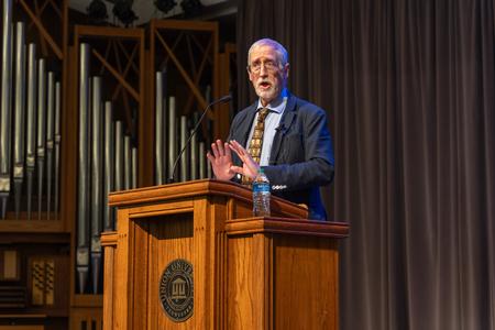 Alan Taylor, Thomas Jefferson memorial foundation professor of history at the University of Virginia, delivers an address entitled "American Republics: Union, Disunion, and Expansion, 1783-1850" during the 2023 Carls-Schwerdfeger History Lecture. - Photo by Lauren Steed