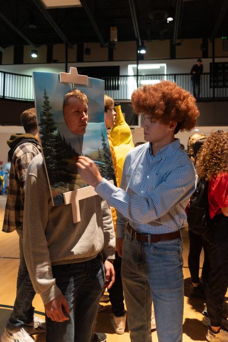 Eli Patton and Paxton Harwell dress up as Bob Ross and one of his paintings at the Homecoming kickoff event Fright Night. - Photo by Lauren Steed