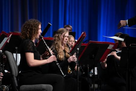 Alexis Bruce (clarinet) and Anna Guelcher (oboe) play in the Symphonic Band's fall concert. - Photo by Kristi McMurry Woody