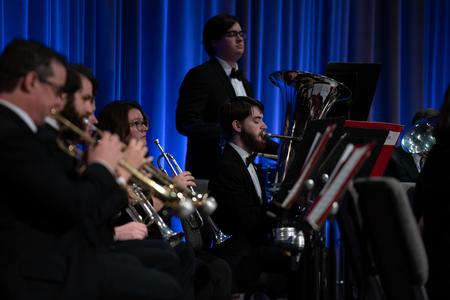 John Woolson (tuba), Brianna Rogers (trumpet), and Colton Judd (percussion) play in the Symphonic Band's fall concert. - Photo by Kristi McMurry Woody