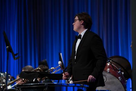 Colton Judd plays the percussion during the Symphonic Band's fall concert. - Photo by Kristi McMurry Woody